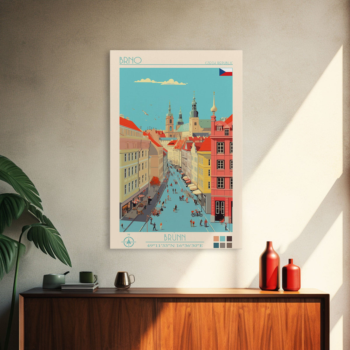 Brno Czech Republic Travel Poster Framed Canvas Print, Midcentury Modern Art, Pop Art Wall Decor, Home Decor, Vacation Gift, Living Room Art