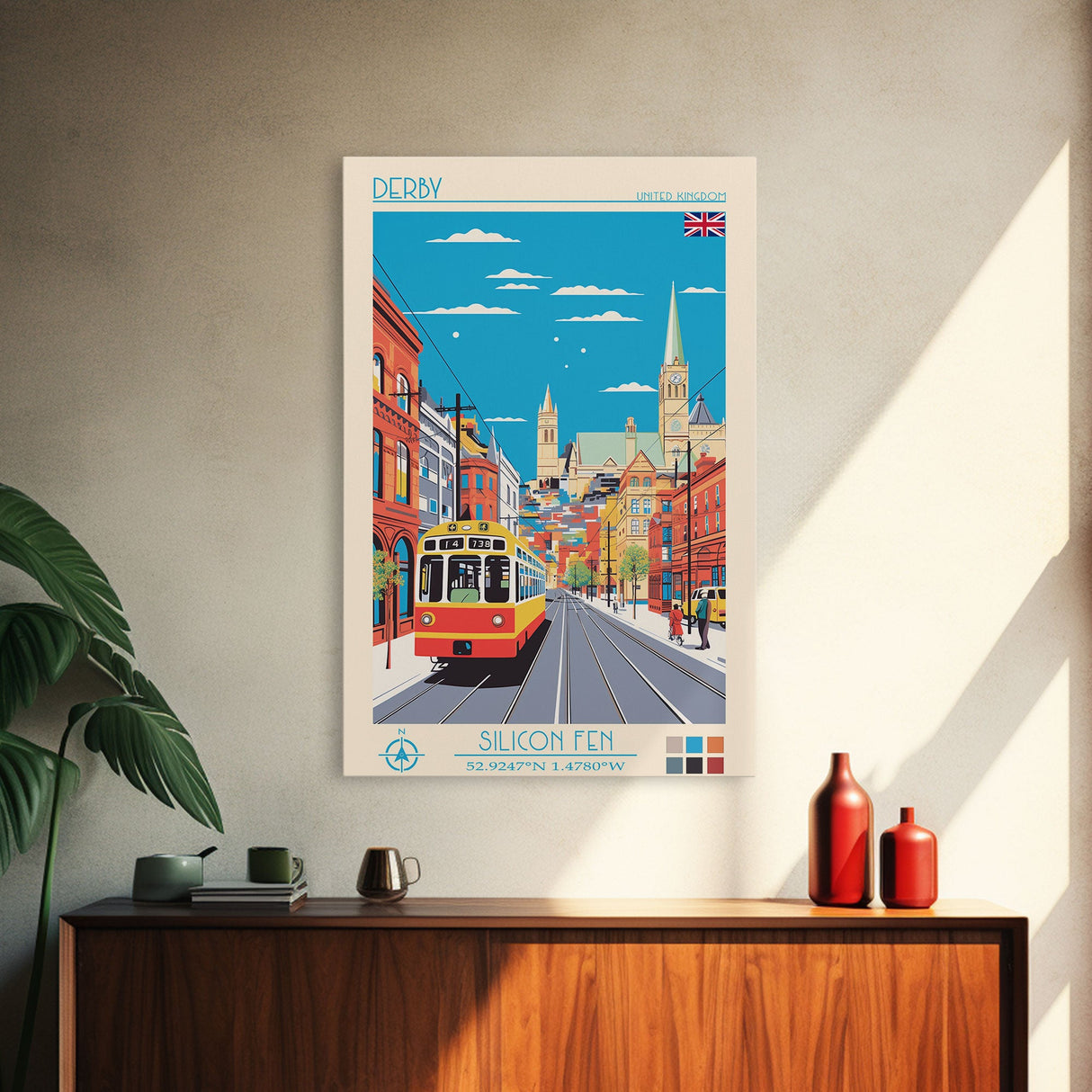 Derby United Kingdom Travel Poster Framed Canvas Print, Midcentury Modern Art, Pop Art Wall Decor, Scenic Wall Art, Living Room Art