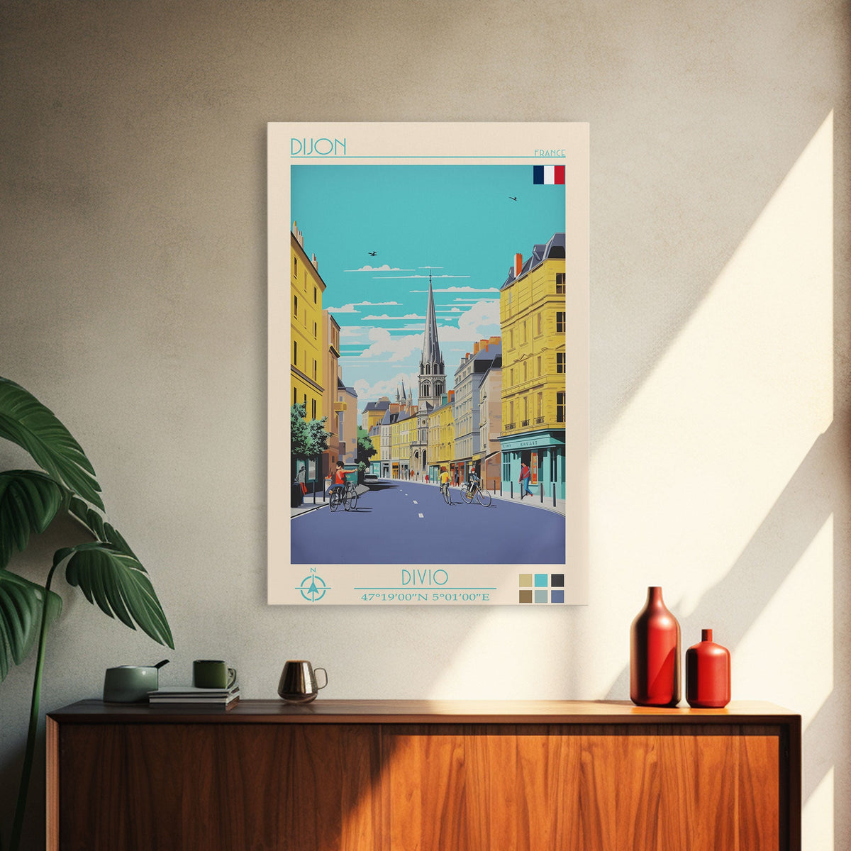 Dijon France Travel Poster Framed Canvas Print, Midcentury Modern Art, Pop Art Wall Decor, Home Decor, Vacation Gift, Living Room Art