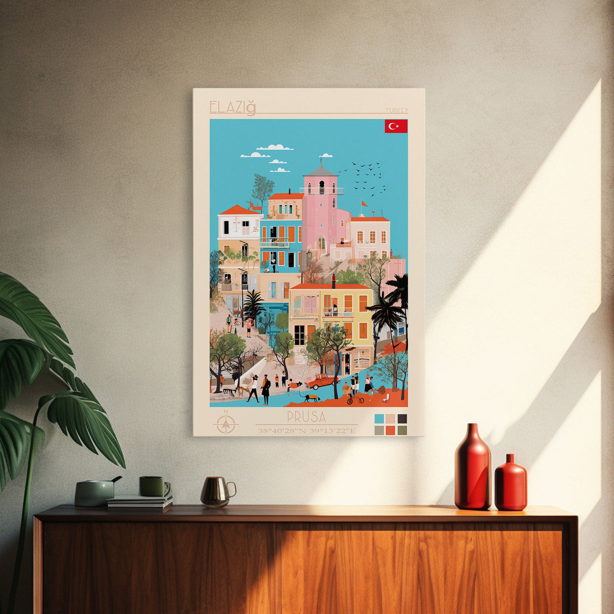 Elâzığ Turkey Travel Poster Framed Canvas Print, Midcentury Modern Art, Pop Art Wall Decor, Scenic Wall Art, Living Room Decoration, Office Art