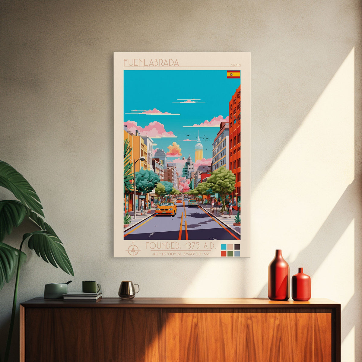 Fuenlabrada Spain Travel Poster Framed Canvas Print, Midcentury Modern Art, Pop Art Wall Decor, Scenic Wall Art, Living Room Decoration, Office Art