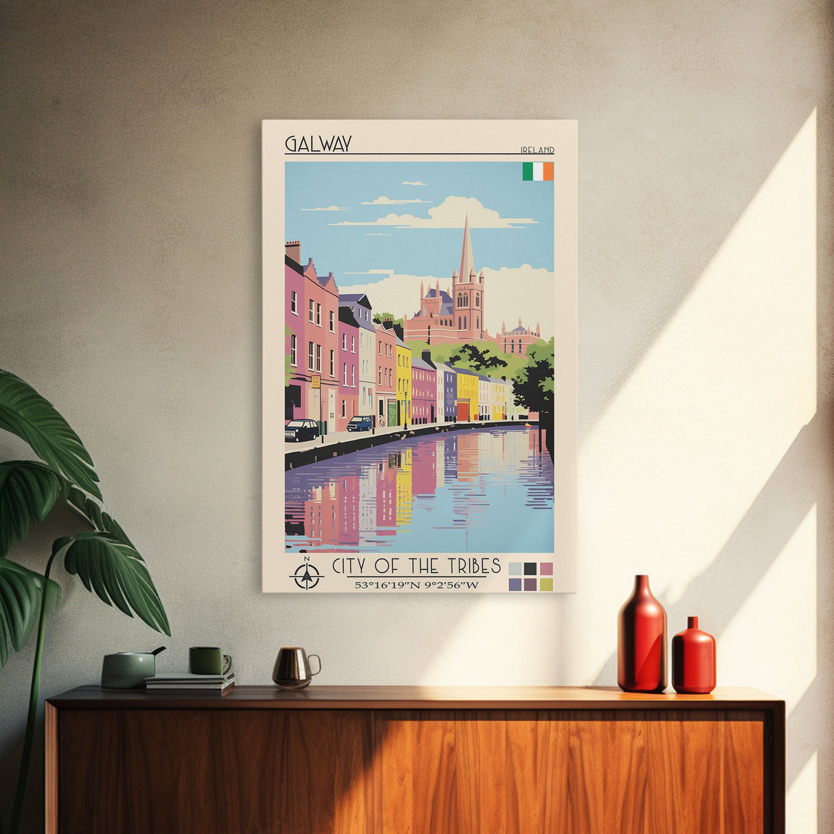 Galway Ireland Travel Poster Framed Canvas Print, Midcentury Modern Art, Pop Art Wall Decor, Scenic Bedroom Art, Office Decoration