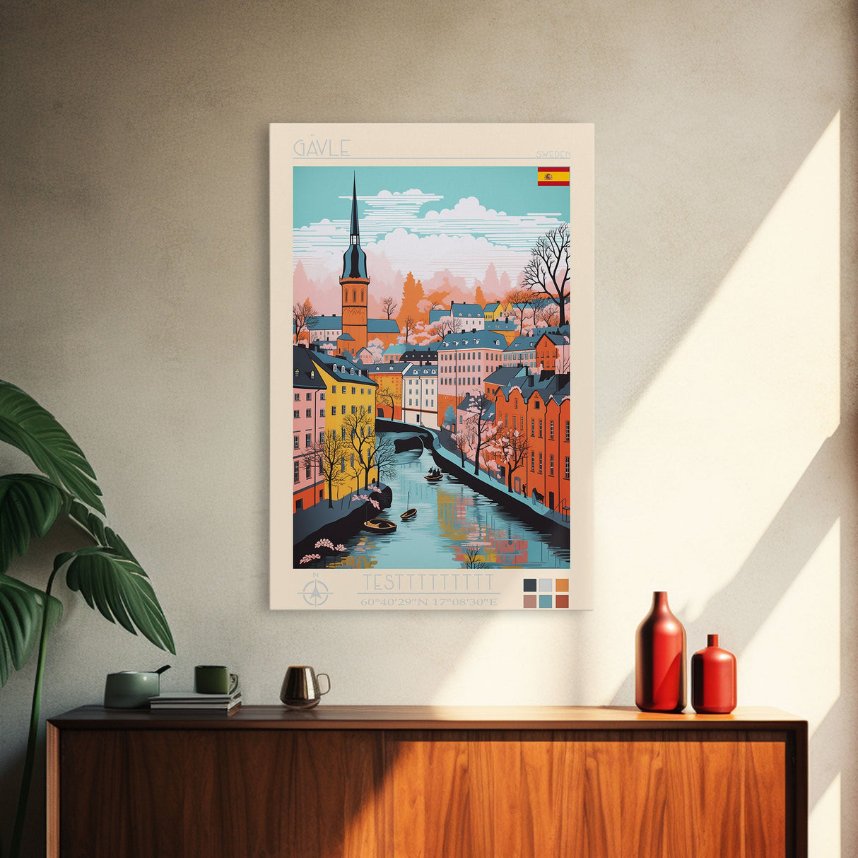 Gävle Sweden Travel Poster Framed Canvas Print, Midcentury Modern Art, Pop Art Wall Decor, Scenic Wall Art, Bedroom Decoration