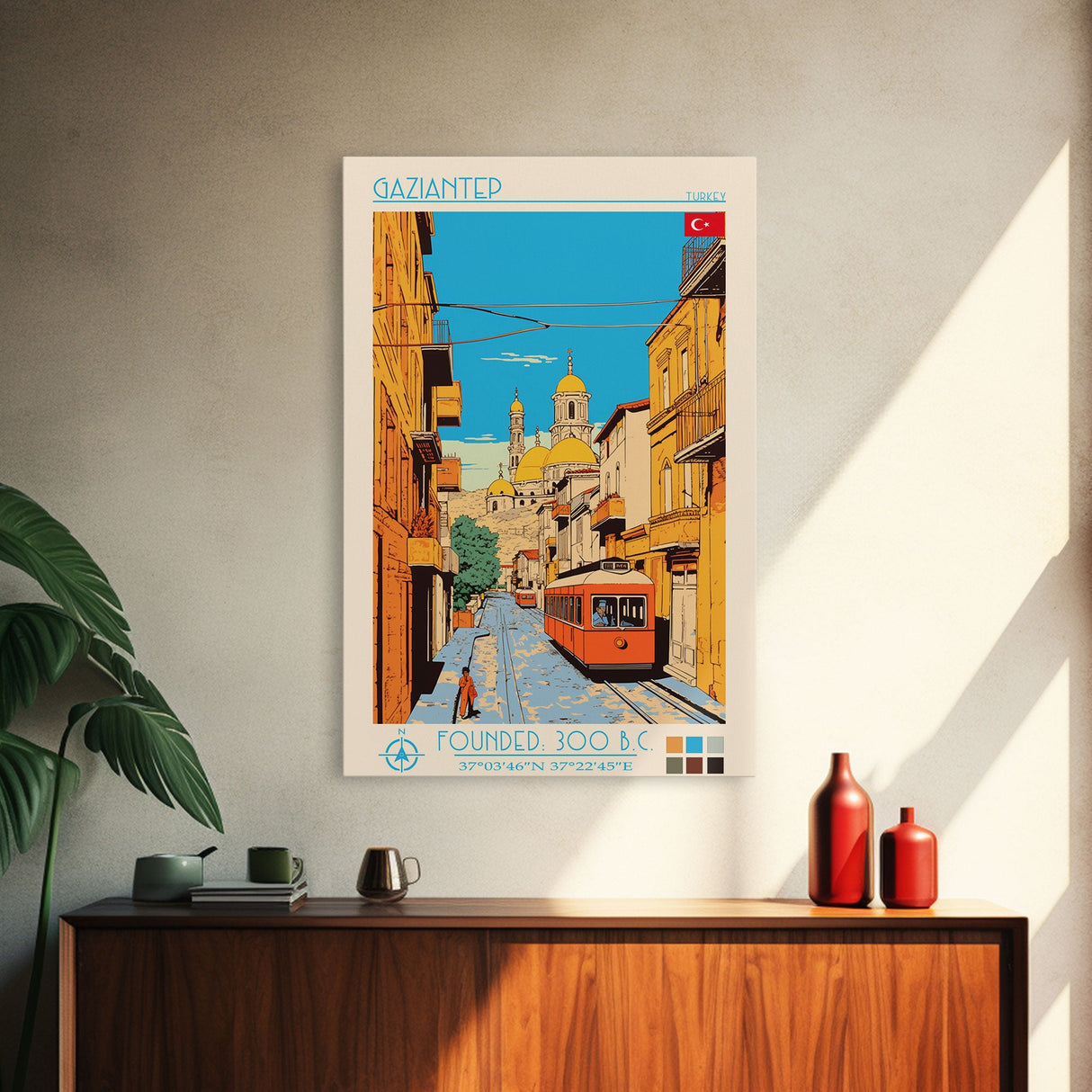 Gaziantep Turkey Travel Poster Framed Canvas Print, Midcentury Modern Art, Pop Art Wall Decor, Scenic Living Room Art, Bedroom Decor