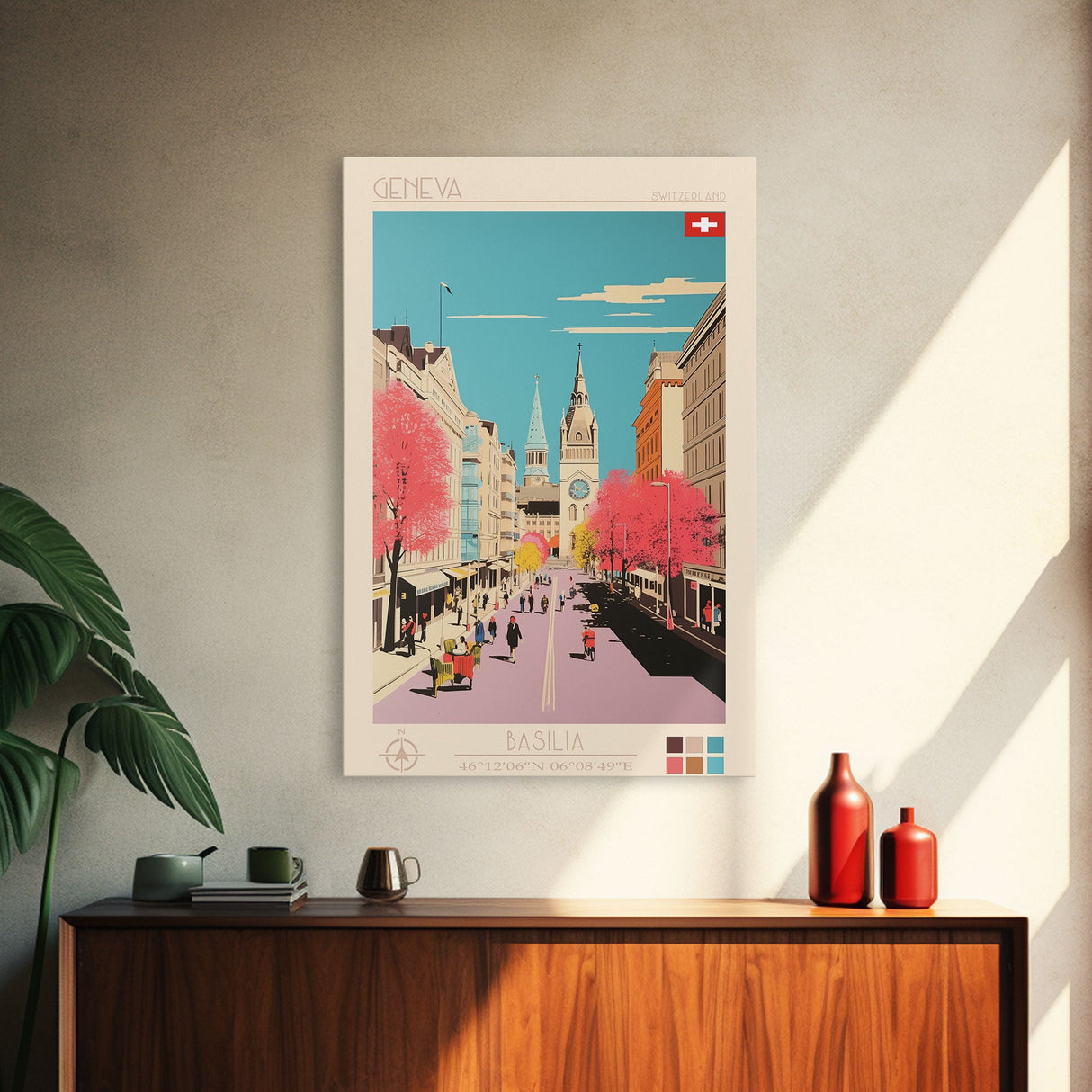 Geneva Switzerland Travel Poster Framed Canvas Print, Midcentury Modern Art, Pop Art Wall Decor, Scenic Wall Art, Living Room Decoration, Office Art