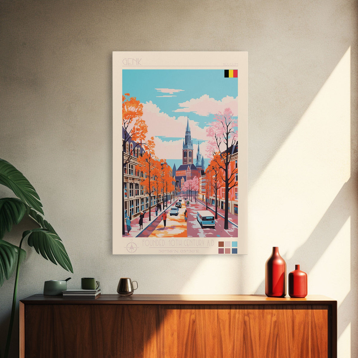 Genk Belgium Travel Poster Framed Canvas Print, Midcentury Modern Art, Pop Art Wall Decor, Home Decor, Vacation Gift, Bedroom Art