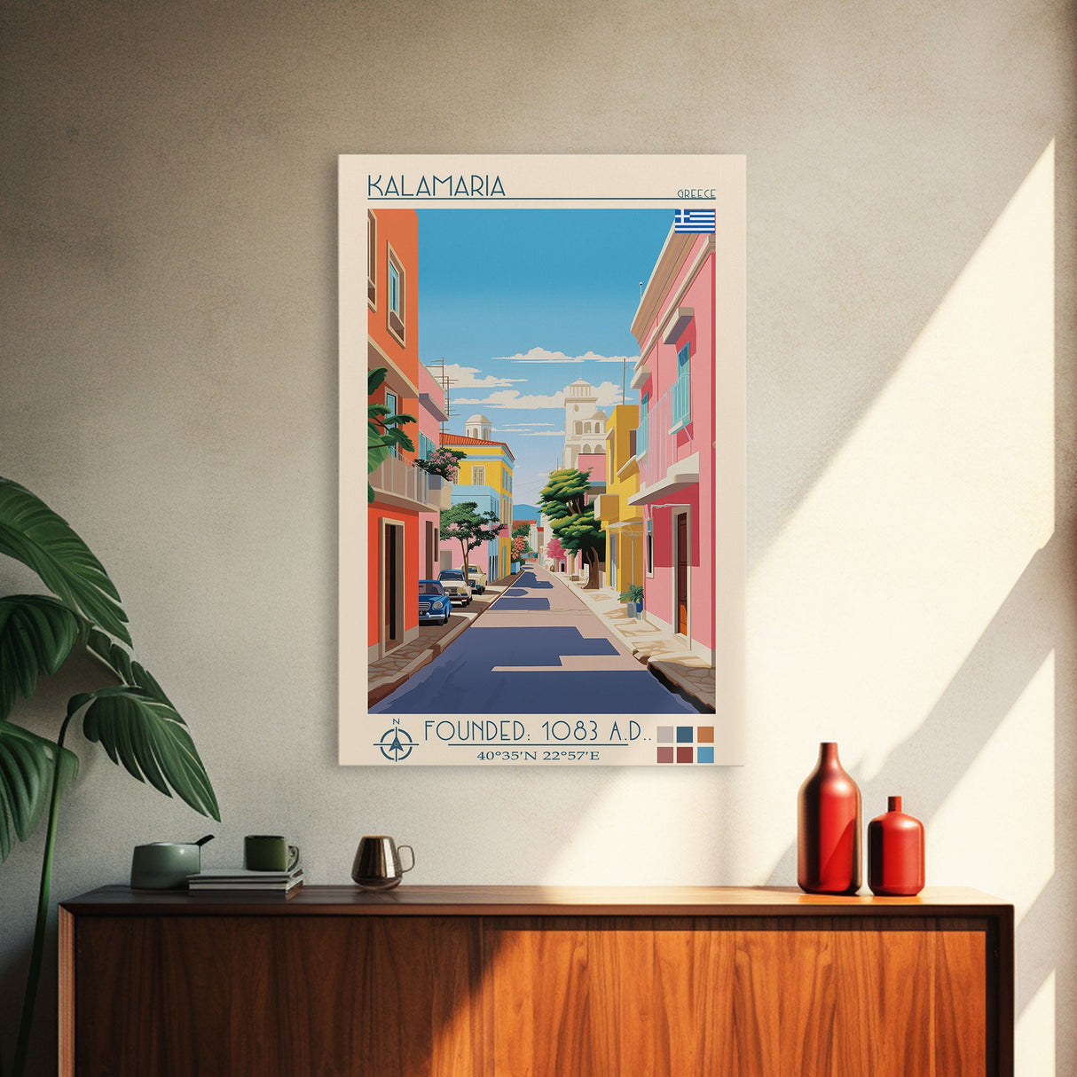 Kalamaria Greece Travel Poster Framed Canvas Print, Midcentury Modern Art, Pop Art Wall Decor, Scenic Wall Art, Living Room Decoration, Office Art
