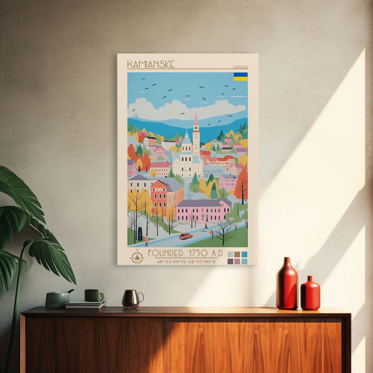 Kamianske Ukraine Travel Poster Framed Canvas Print, Midcentury Modern Art, Pop Art Wall Decor, Scenic Wall Art, Living Room Decoration, Office Art