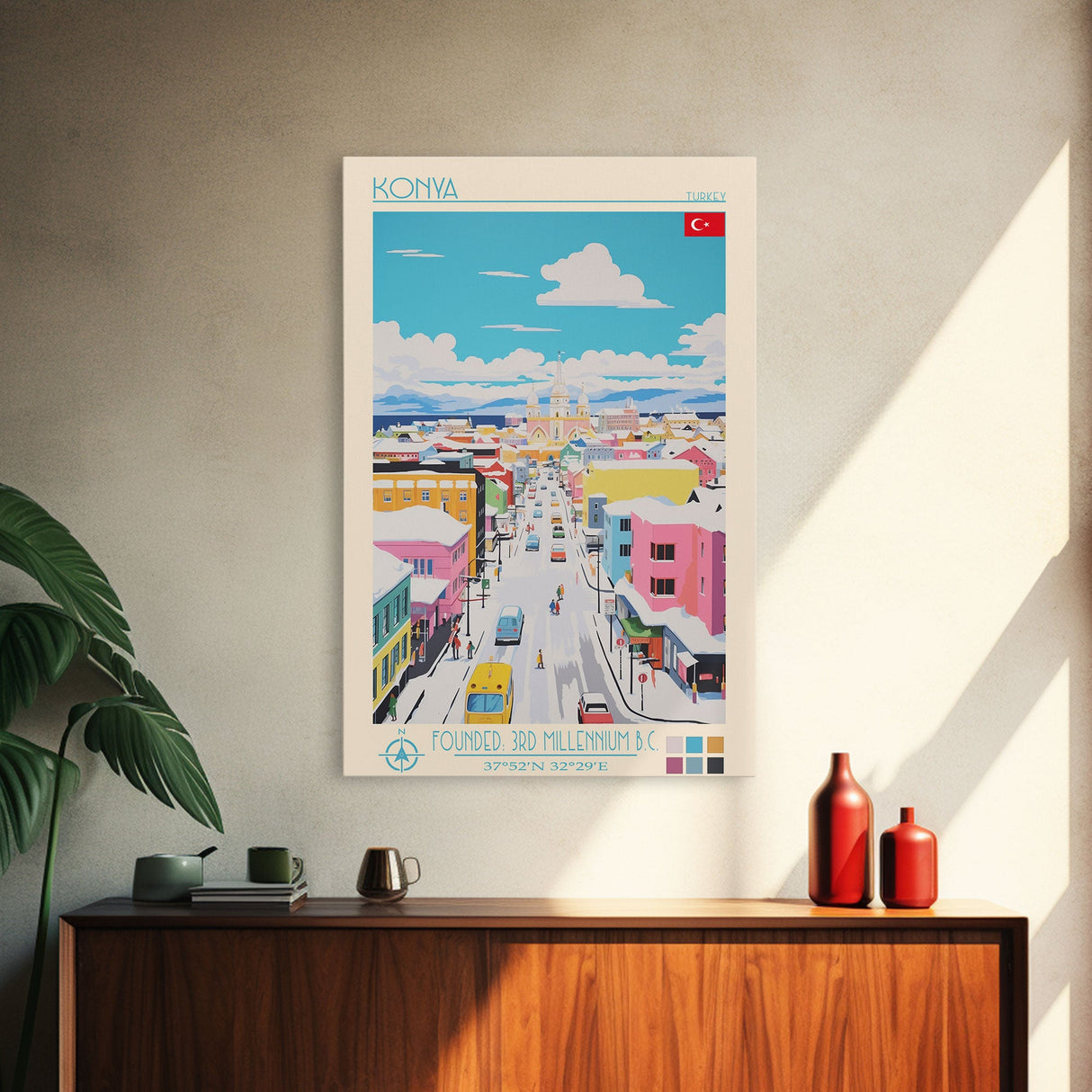 Konya Turkey Travel Poster Framed Canvas Print, Midcentury Modern Art, Pop Art Wall Decor, Scenic Wall Art, Living Room Decoration, Office Art