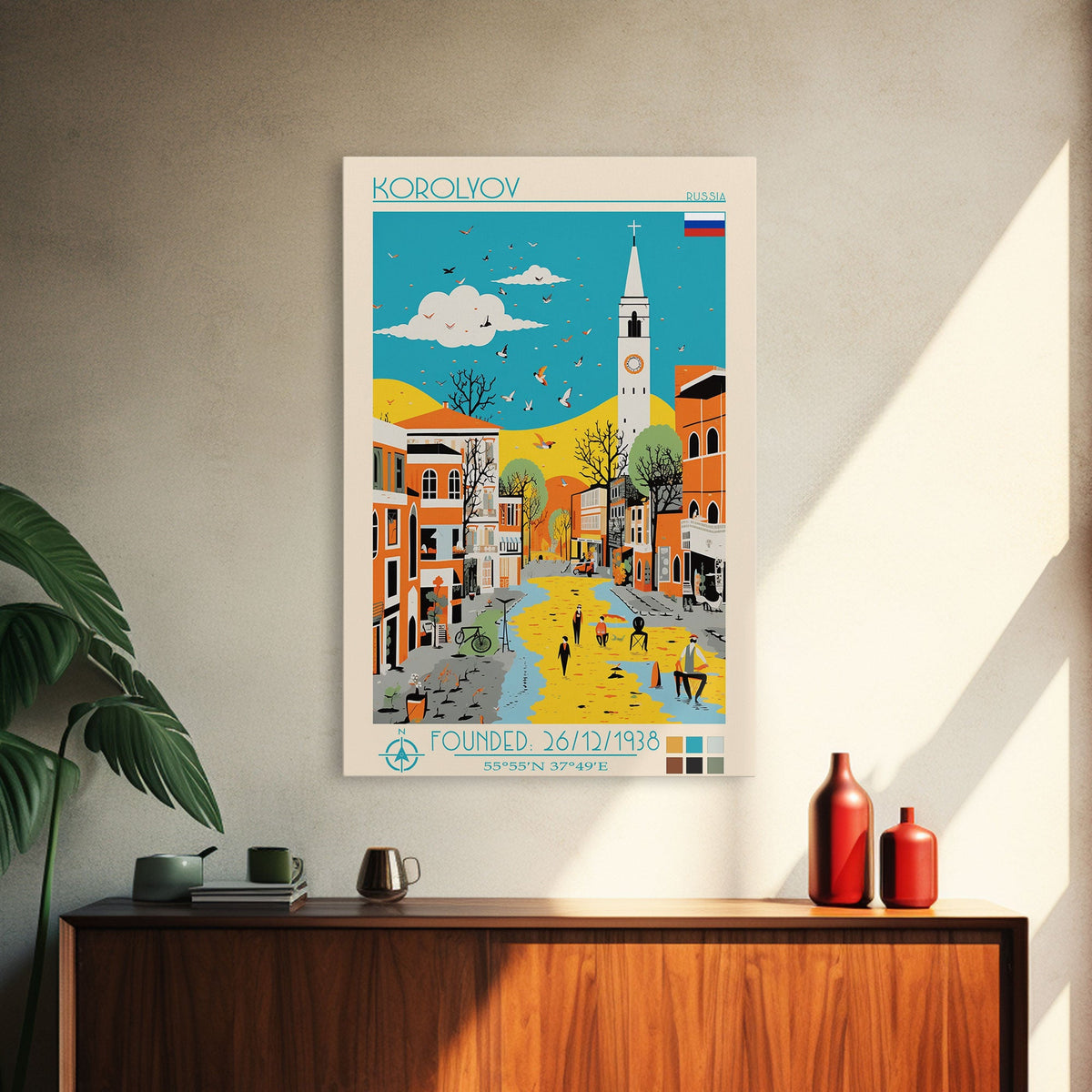 Korolyov Russia Travel Poster Framed Canvas Print, Midcentury Modern Art, Pop Art Wall Decor, Scenic Bedroom Art, Office Decoration