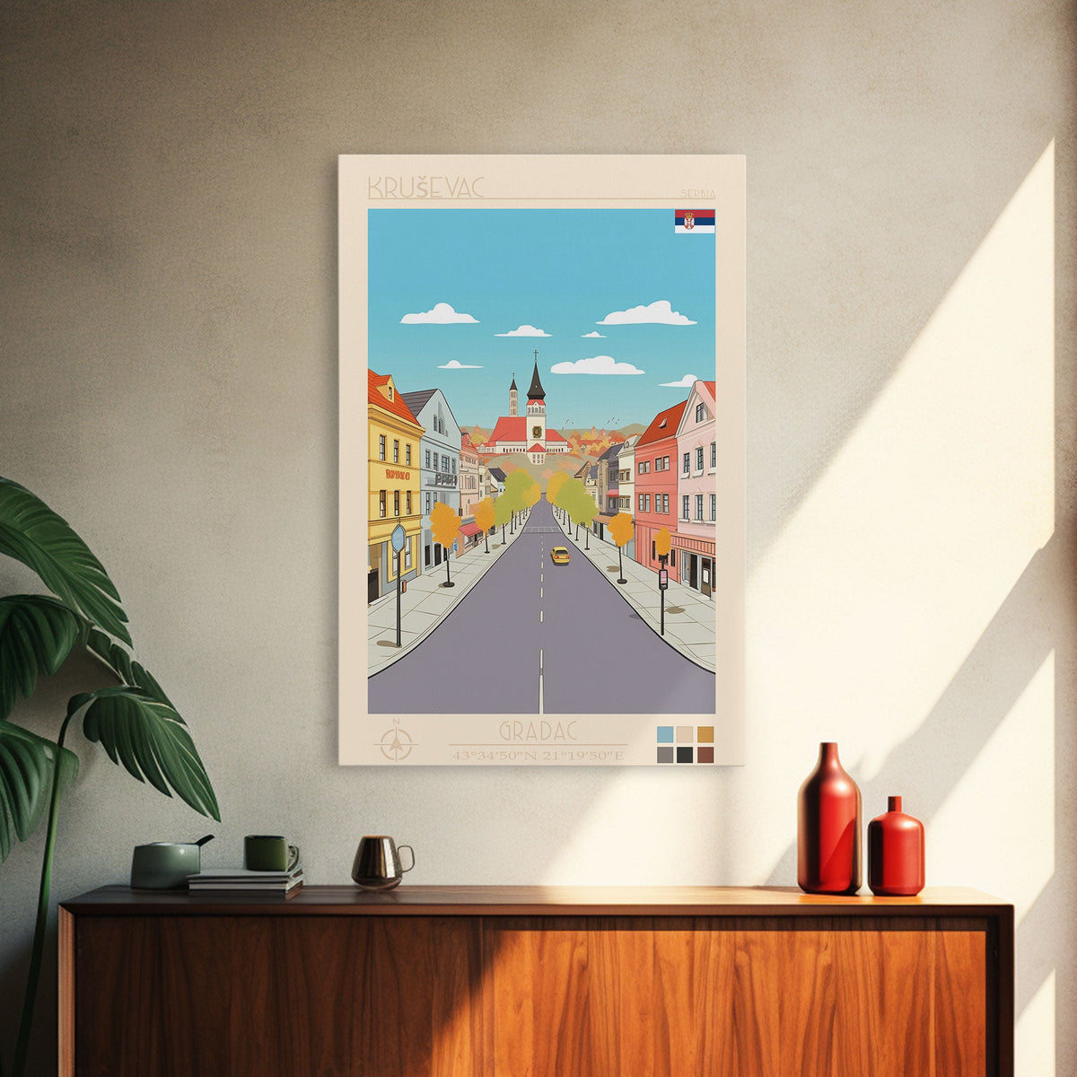 Kruševac Serbia Travel Poster Framed Canvas Print, Midcentury Modern Art, Pop Art Wall Decor, Scenic Living Room Art, Bedroom Gift