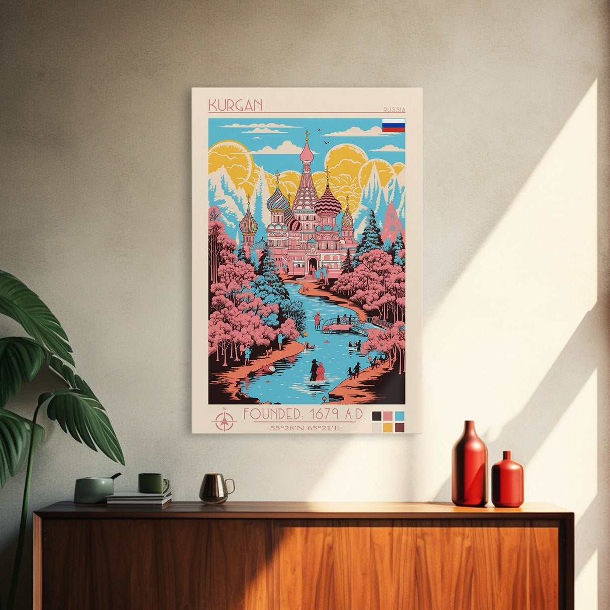 Kurgan Russia Travel Poster Framed Canvas Print, Midcentury Modern Art, Pop Art Wall Decor, Scenic Wall Art, Living Room Decoration, Office Gift