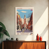 Leicester United Kingdom Travel Poster Framed Canvas Print, Midcentury Modern Art, Pop Art Wall Decor, Home Decor, Vacation Gift, Office Art