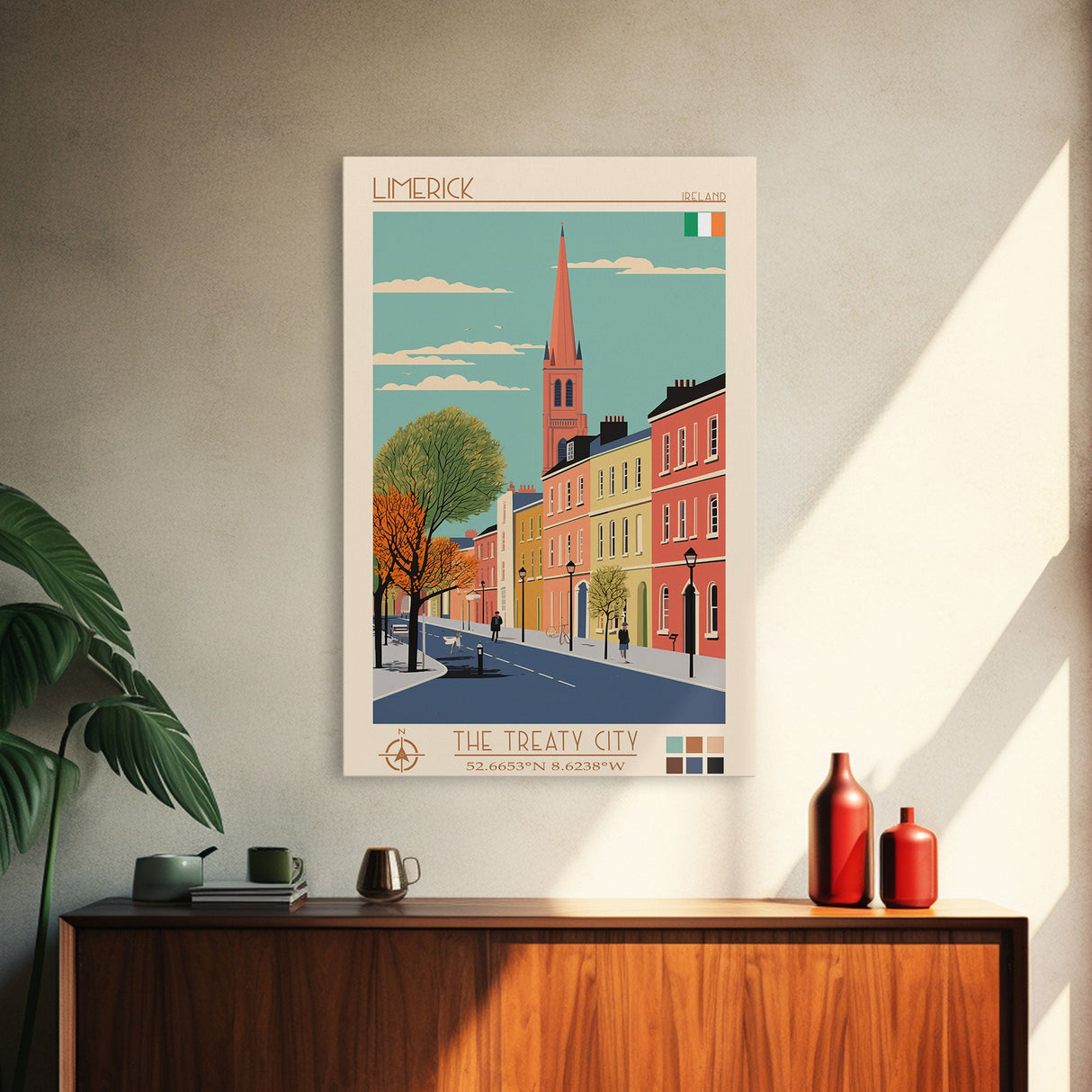 Limerick Ireland Travel Poster Framed Canvas Print, Wall Decor, Midcentury Modern Art, Pop Art, Scenic Art for Bedroom and Office