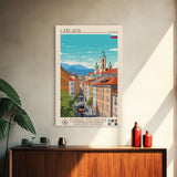 Ljubljana Slovenia Travel Poster Framed Canvas Print, Wall Decor, Midcentury Modern Art, Pop Art, Scenic Art for Bedroom and Living Room