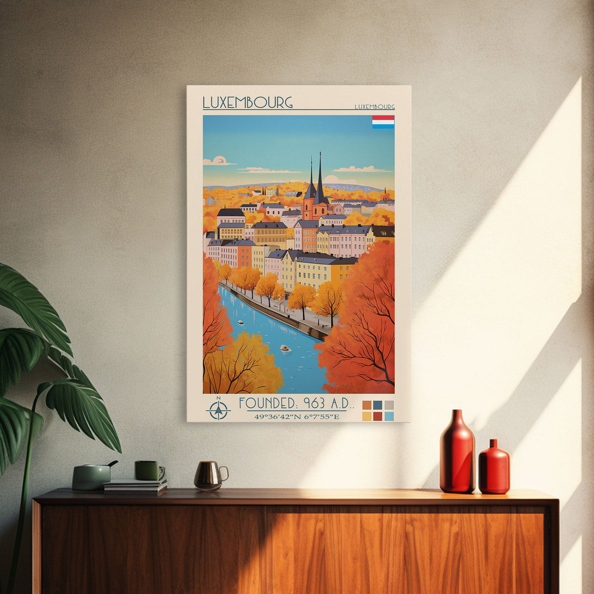Luxembourg Luxembourg Travel Poster Framed Canvas Print, Midcentury Modern Art, Pop Art Wall Decor, Scenic Art, Bedroom and Living Room Decor