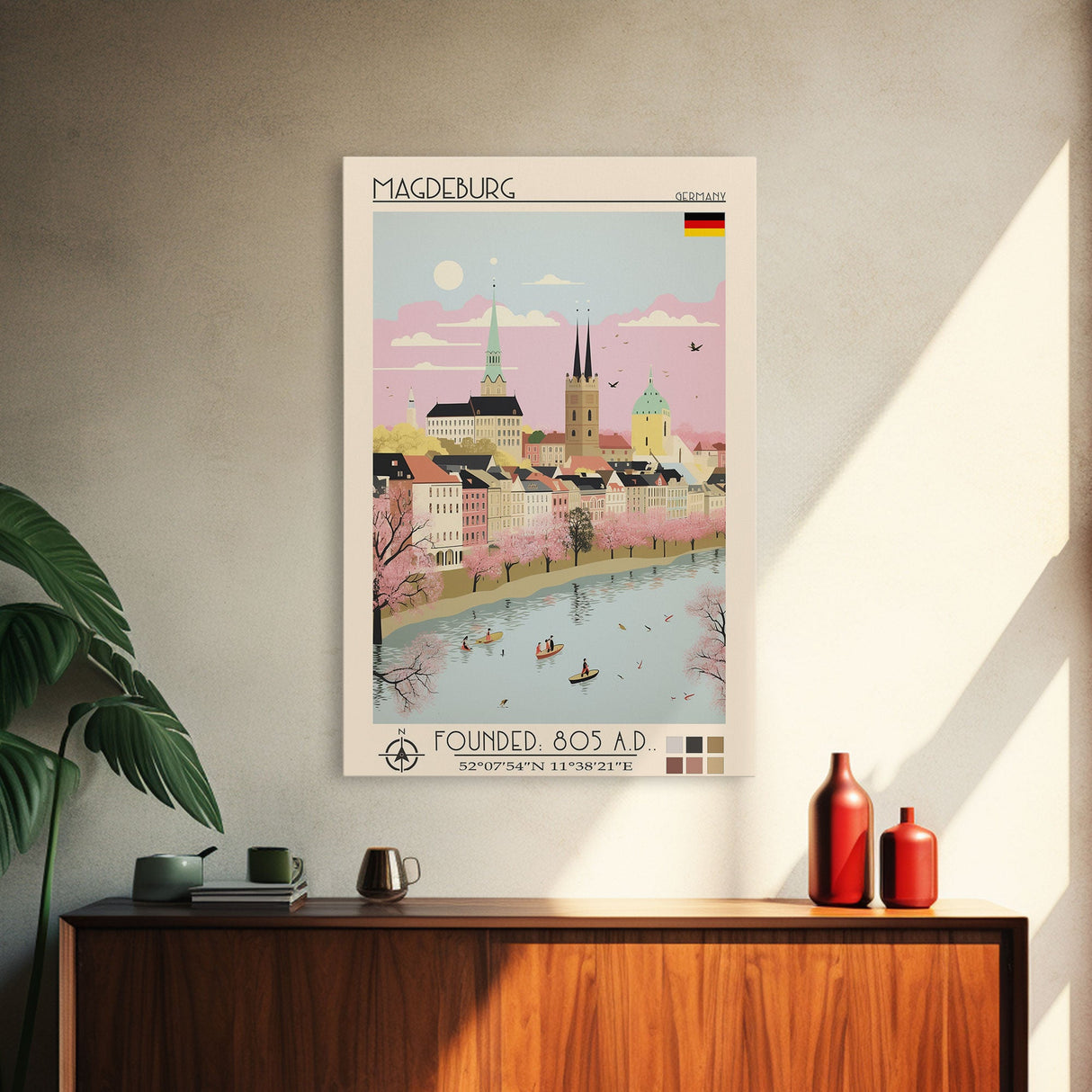Magdeburg Germany Travel Poster Framed Canvas Print, Midcentury Modern Art, Pop Art Wall Decor, Home Decor, Vacation Gift, Office Art