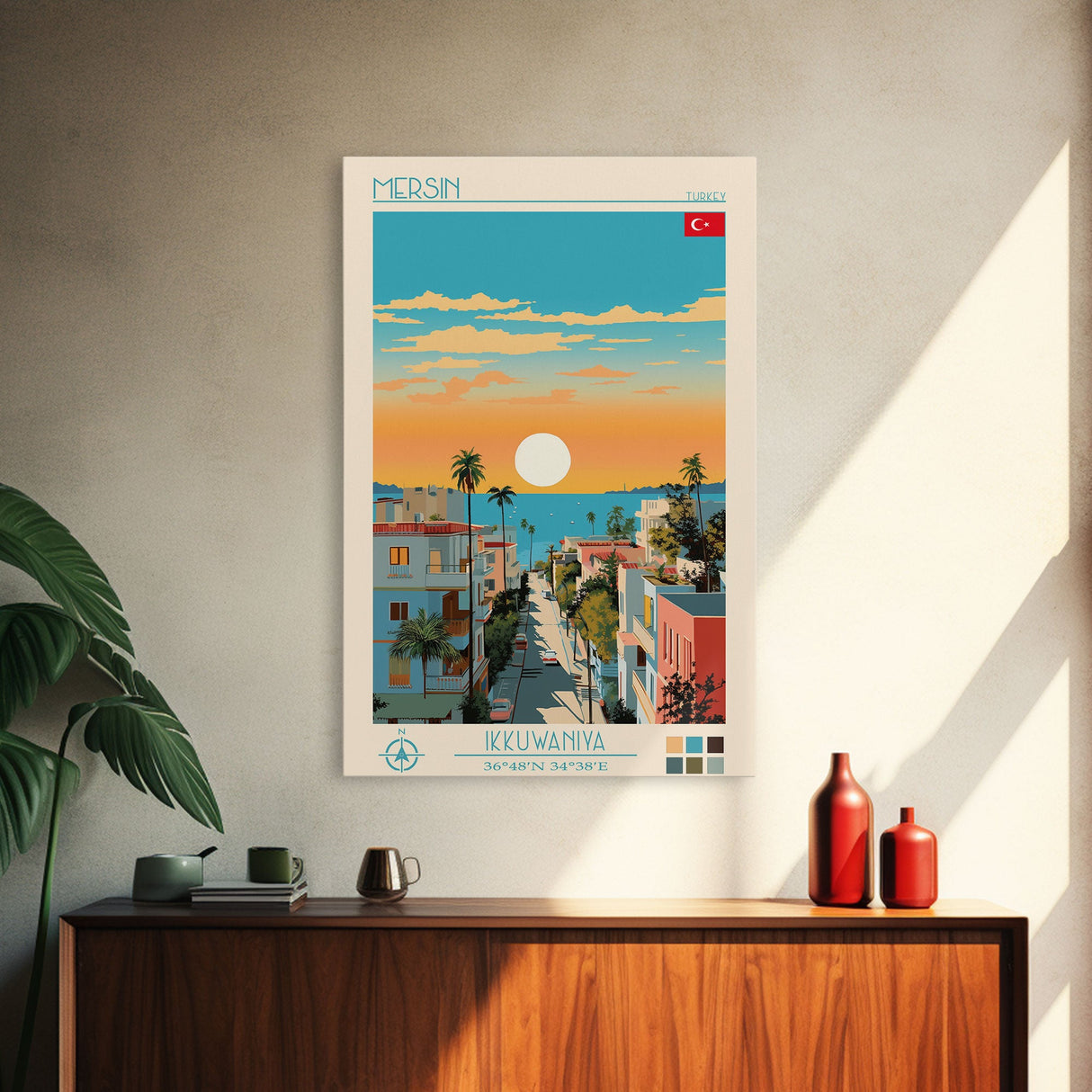 Mersin Turkey Travel Poster Framed Canvas Print, Midcentury Modern Art, Pop Art Wall Decor, Scenic Wall Art, Living Room Decoration, Office Gift
