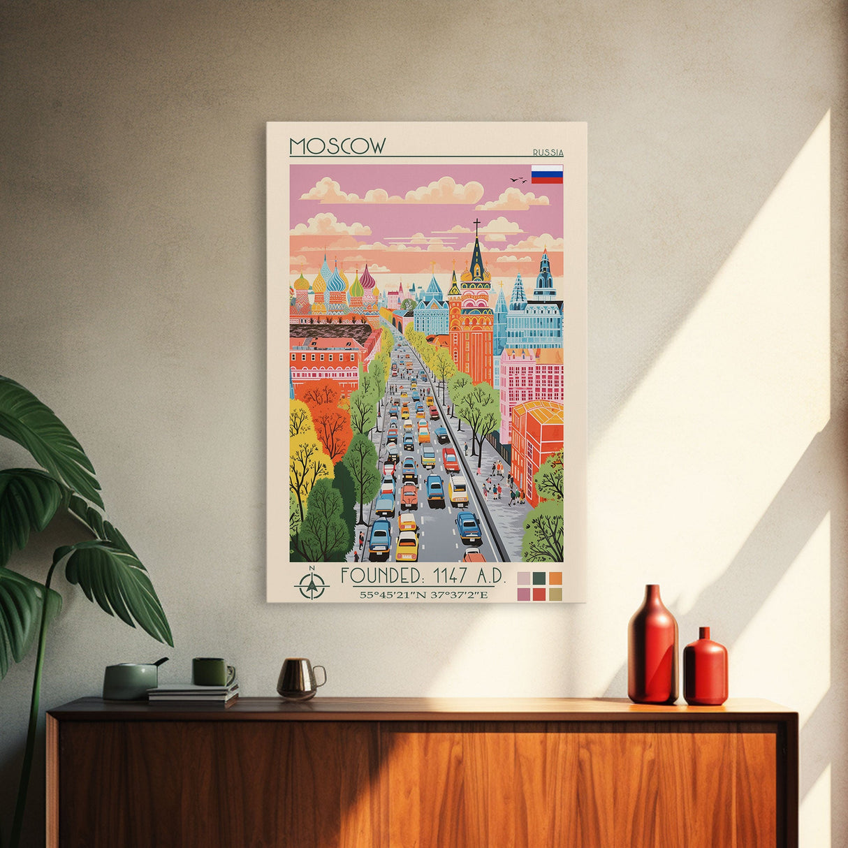 Moscow Russia Travel Poster Framed Canvas Print, Midcentury Modern Art, Pop Art Wall Decor, Scenic Wall Art, Living Room Decoration, Office Art