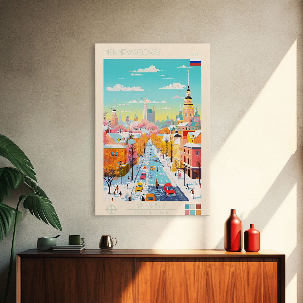 Nizhnevartovsk Russia Travel Poster Framed Canvas Print, Midcentury Modern Art, Pop Art Wall Decor, Scenic Wall Art, Living Room Decoration, Office Art