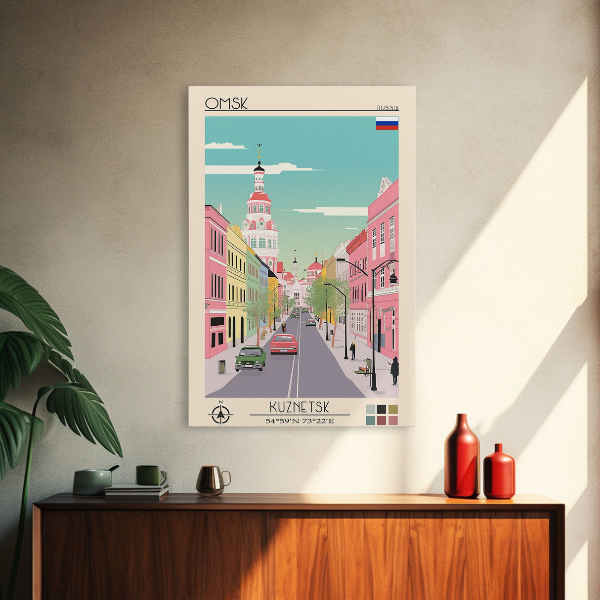 Omsk Russia Travel Poster Framed Canvas Print, Midcentury Modern Art, Pop Art Wall Decor, Scenic Wall Art, Living Room Decoration, Office Art