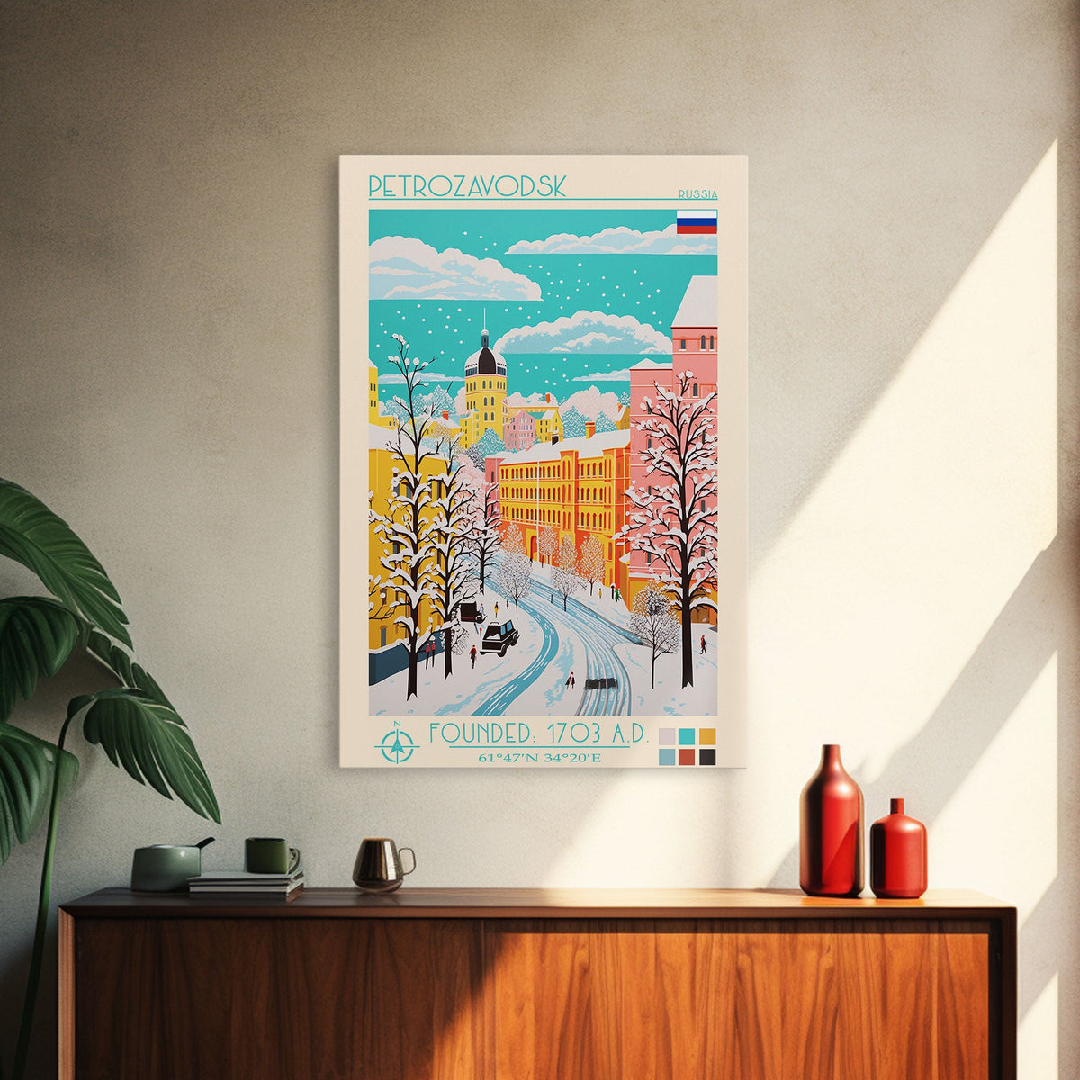 Petrozavodsk Russia Travel Poster Framed Canvas Print, Midcentury Modern Art, Pop Art Wall Decor, Scenic Living Room Art, Bedroom Gift