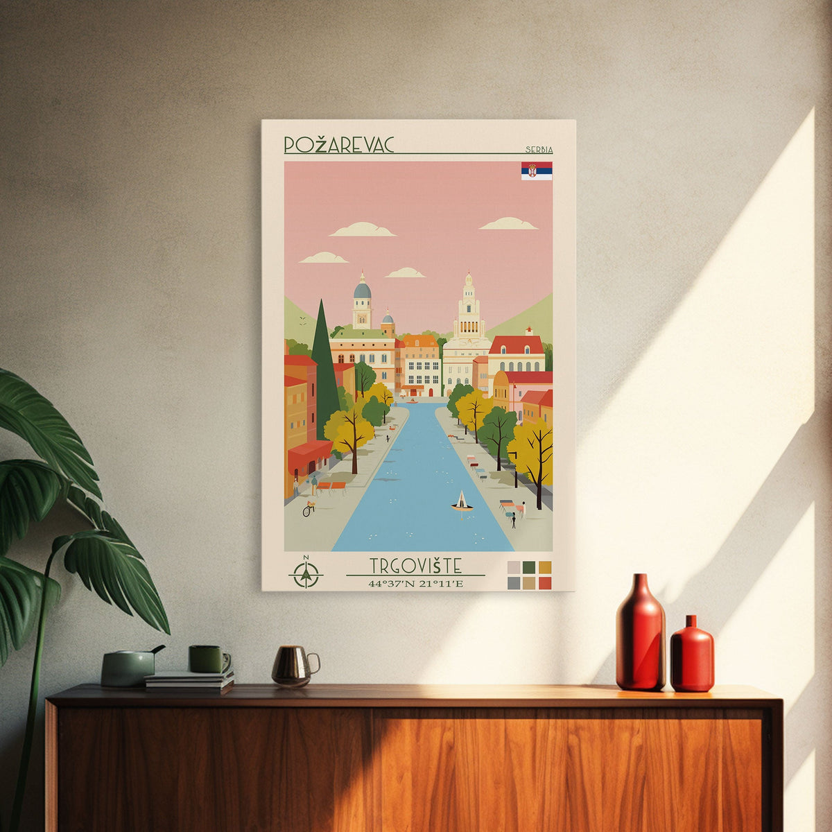 Požarevac Serbia Travel Poster Framed Canvas Print, Midcentury Modern Art, Pop Art Wall Decor, Scenic Living Room Art, Bedroom Decor