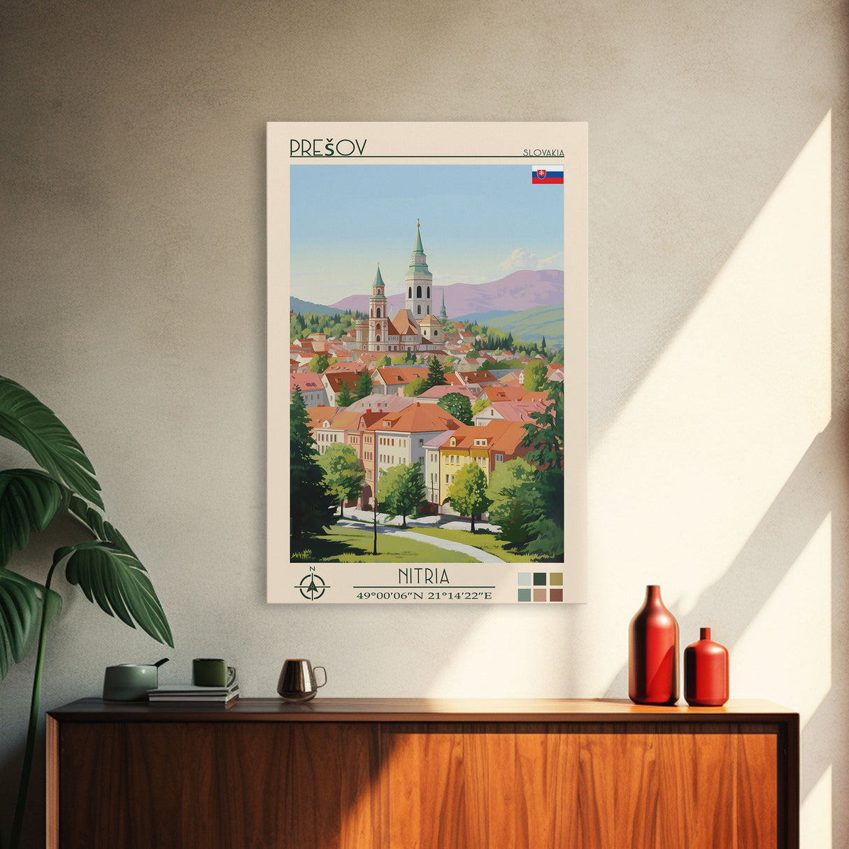 Prešov Slovakia Travel Poster Framed Canvas Print, Midcentury Modern Art, Pop Art Wall Decor, Scenic Living Room Art, Bedroom Gift