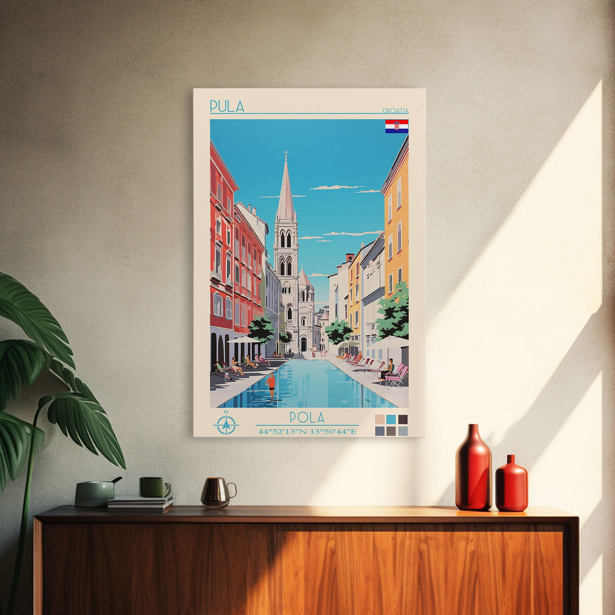 Pula Croatia Travel Poster Framed Canvas Print, Midcentury Modern Art, Pop Art Wall Decor, Scenic Wall Art, Living Room Decoration, Office Gift