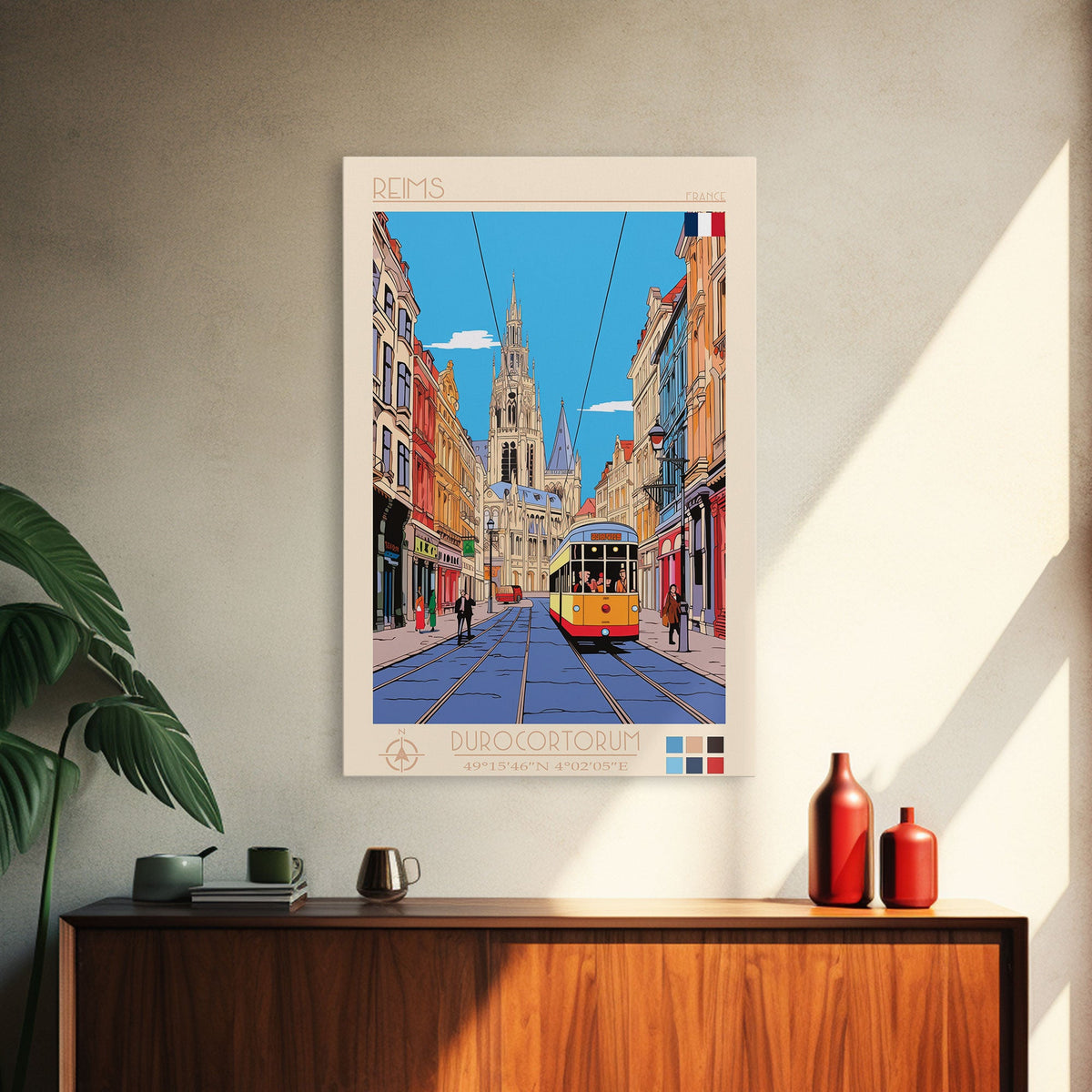 Reims France Travel Poster Framed Canvas Print, Midcentury Modern Art, Pop Art Wall Decor, Home Decor, Vacation Gift, Bedroom Art