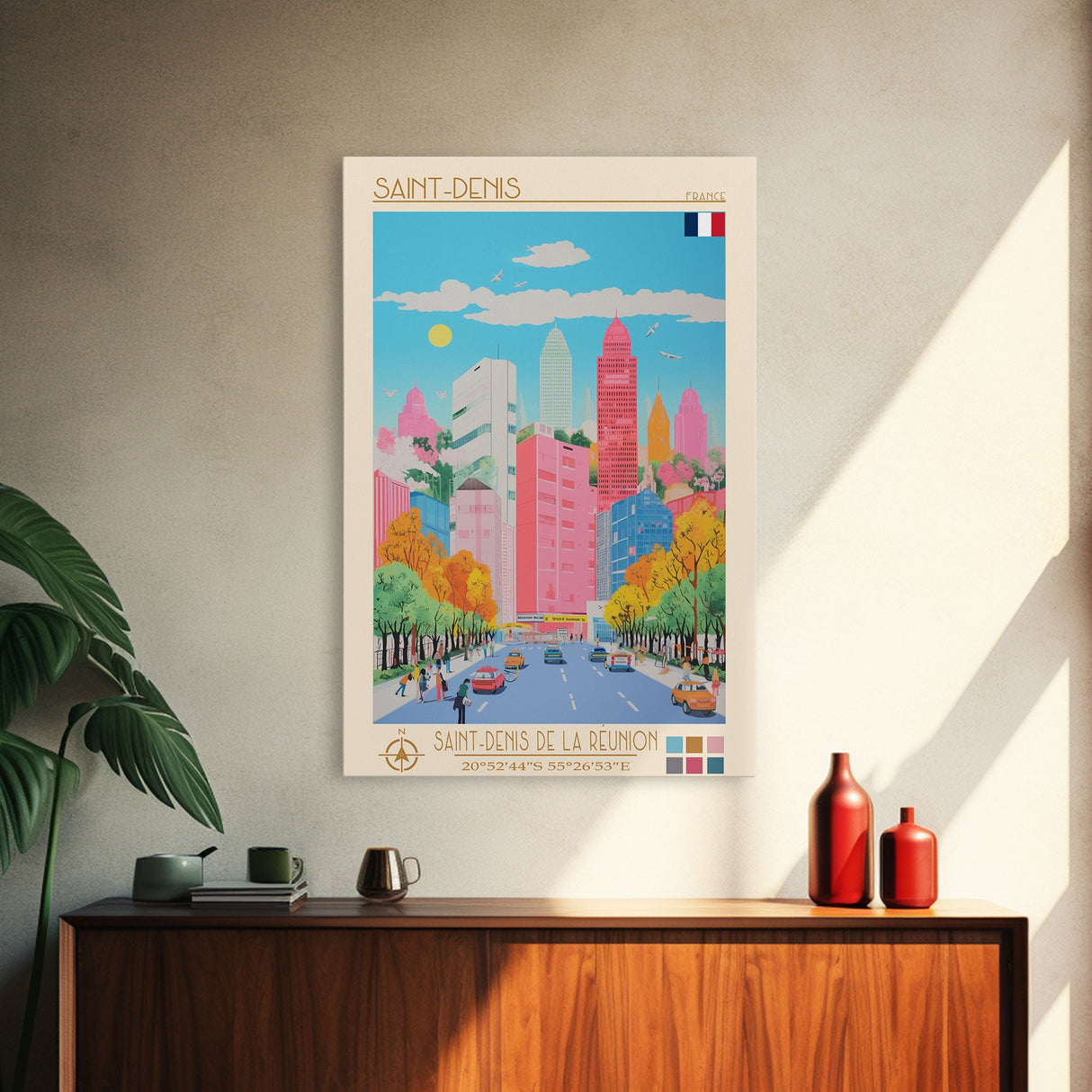 Saint-Denis France Travel Poster Framed Canvas Print, Midcentury Modern Art, Pop Art Wall Decor, Scenic Wall Art, Bedroom Decor