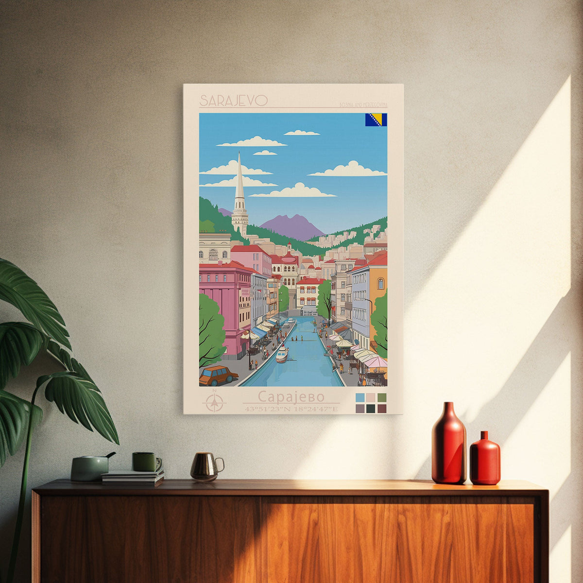 Sarajevo Bosnia and Herzegovina Travel Poster Framed Canvas Print, Midcentury Modern Art, Pop Art Wall Decor, Home Decor, Office Decoration