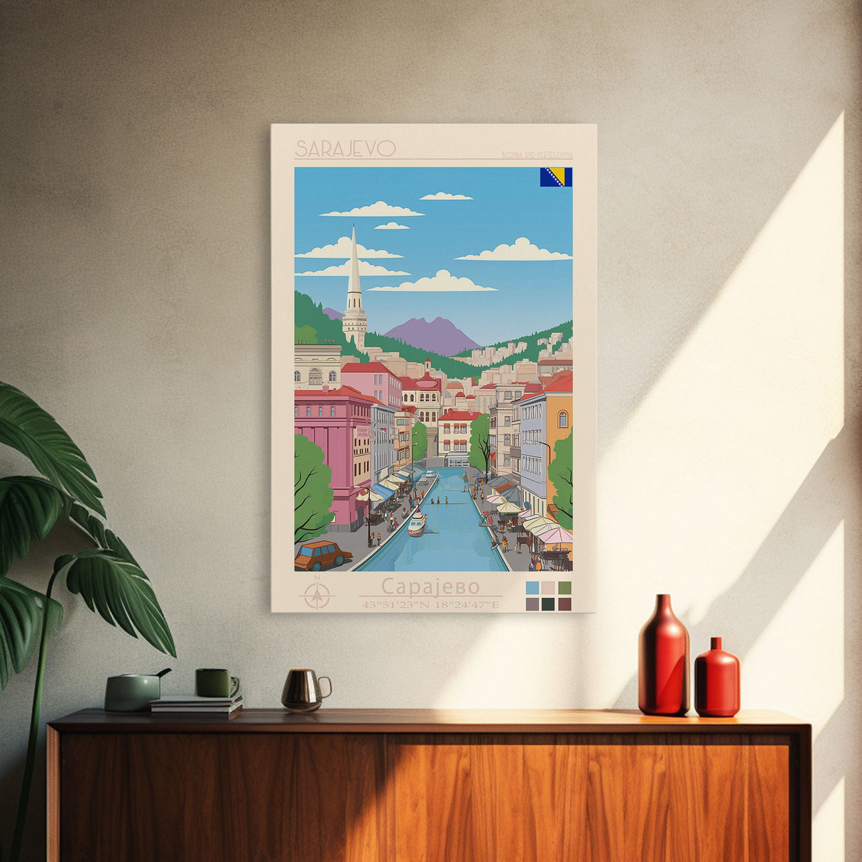 Sarajevo Bosnia and Herzegovina Travel Poster Framed Canvas Print, Midcentury Modern Art, Pop Art Wall Decor, Home Decor, Office Decoration