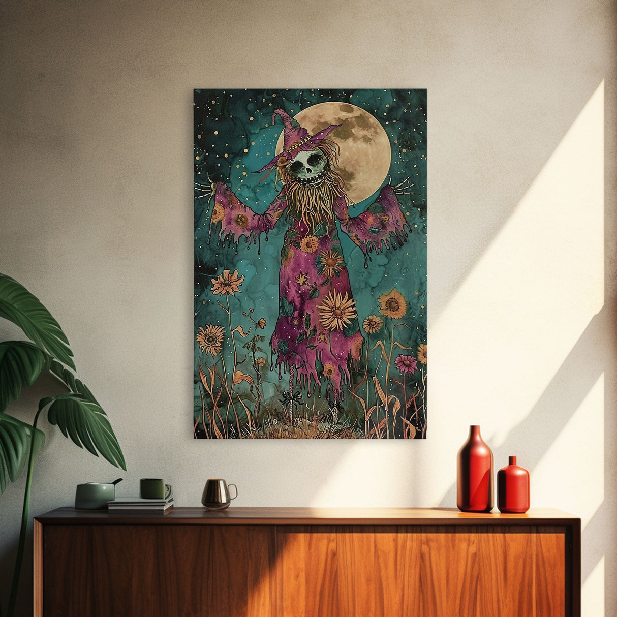 Halloween Creepy Scarecrow with Glowing Pumpkin Head Framed Canvas Print Haunted Harvest Wall Art Home Decor, Decor, Gift Idea, Spooky Vibes