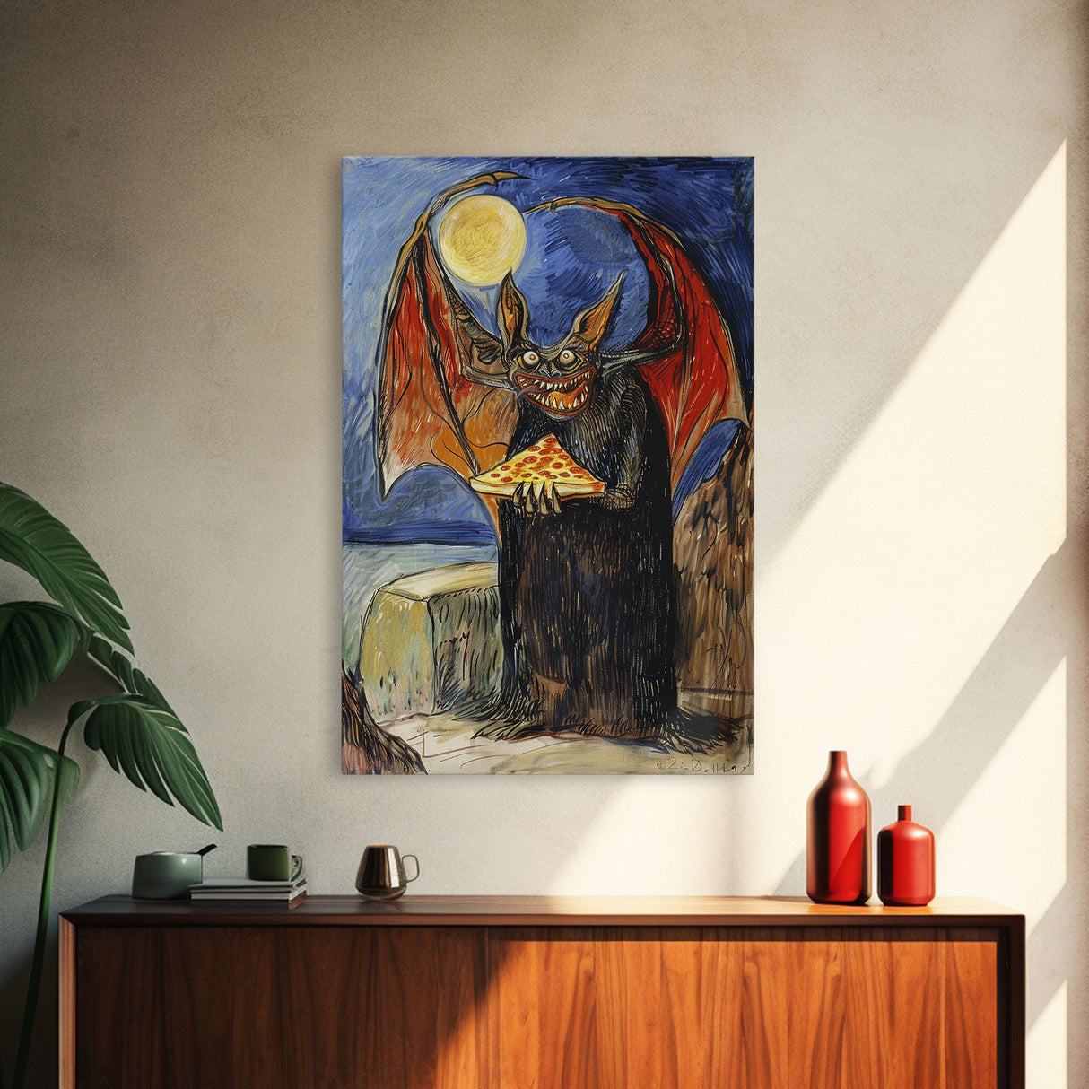 Halloween Vampire Bat with Pizza Under Full Moon Framed Canvas Print, Humorous Wall Art, Home Decor, Whimsical Decor, Gift Idea, Spooky Fun