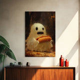 CHOMP! Cute Lil Ghost Eatin' a Dog, The Hot Dog Ghost, Haunted Hot Dog Thief, Framed Canvas Print, Halloween Art