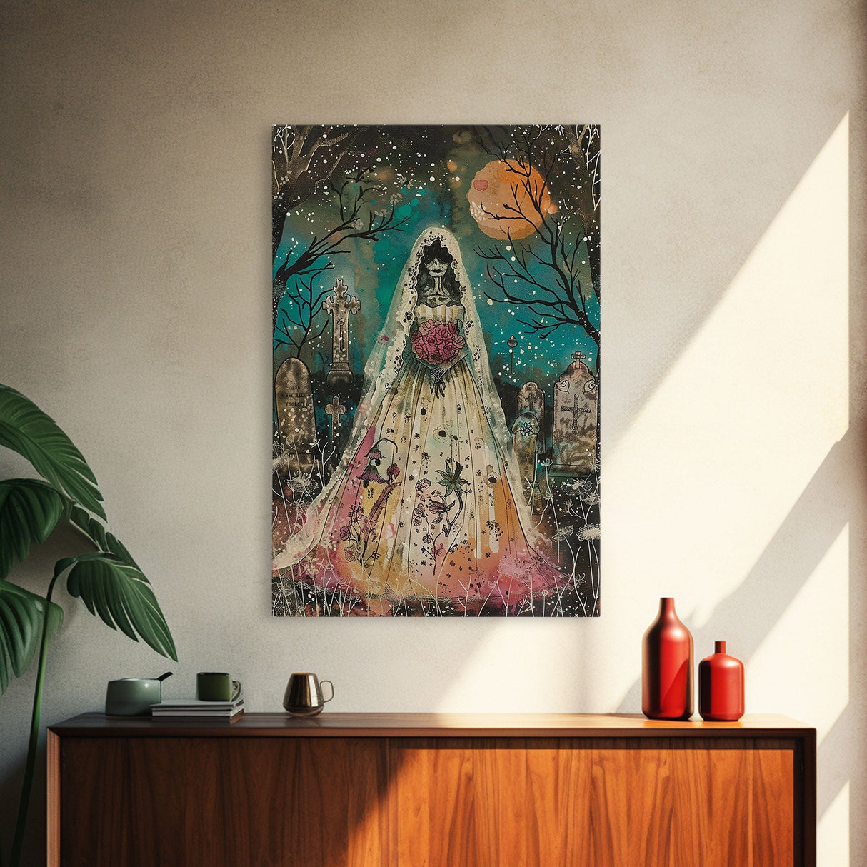 Halloween Skeleton Bride in Cemetery, Framed Canvas Print, Wall Art, Living Room Decor, Spooky, Skeleton Art, Original Painting, Home Decor