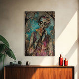 Halloween Zombie Eating Pizza, Framed Canvas Print, Wall Art, Living Room Decor, Spooky, Zombie Art, Original Painting, Home Decor