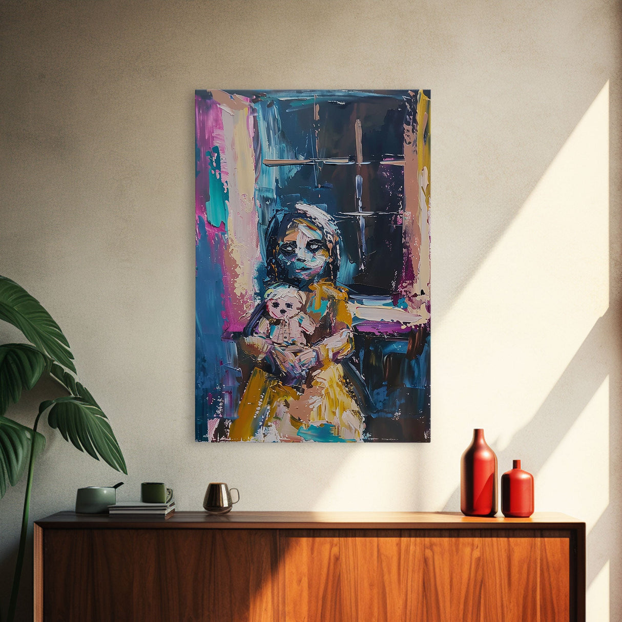 Halloween Creepy Girl with Doll, Framed Canvas Print, Wall Art, Living Room Decor, Spooky, Girl Art, Original Painting, Home Decor