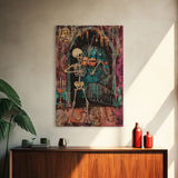 Halloween Skeleton Playing Violin, Framed Canvas Print, Wall Art, Living Room Decor, Spooky, Skeleton Art, Original Painting