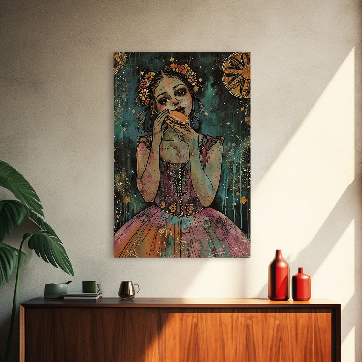 Halloween Girl Eating Macaron, Framed Canvas Print, Wall Art, Living Room Decor, Spooky, Girl Art, Original Painting, Home Decor