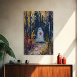 Halloween Ghost in Forest with Apple Framed Canvas Print, Whimsical Spooky Decor, Living Room Art, Fun Halloween Art, Home Decor, Retro Art