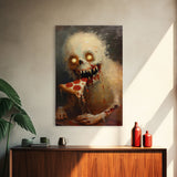 Halloween Ghost with Pizza Framed Canvas Print, Unique Spooky Decor, Living Room Art, Fun Halloween Wall Art, Home Decor, Retro Style Art