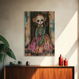 Halloween Pirate Skeleton with Pizza, Framed Canvas Print, Wall Art, Spooky Decor, Pirate Theme, Halloween Decoration, Living Room Art