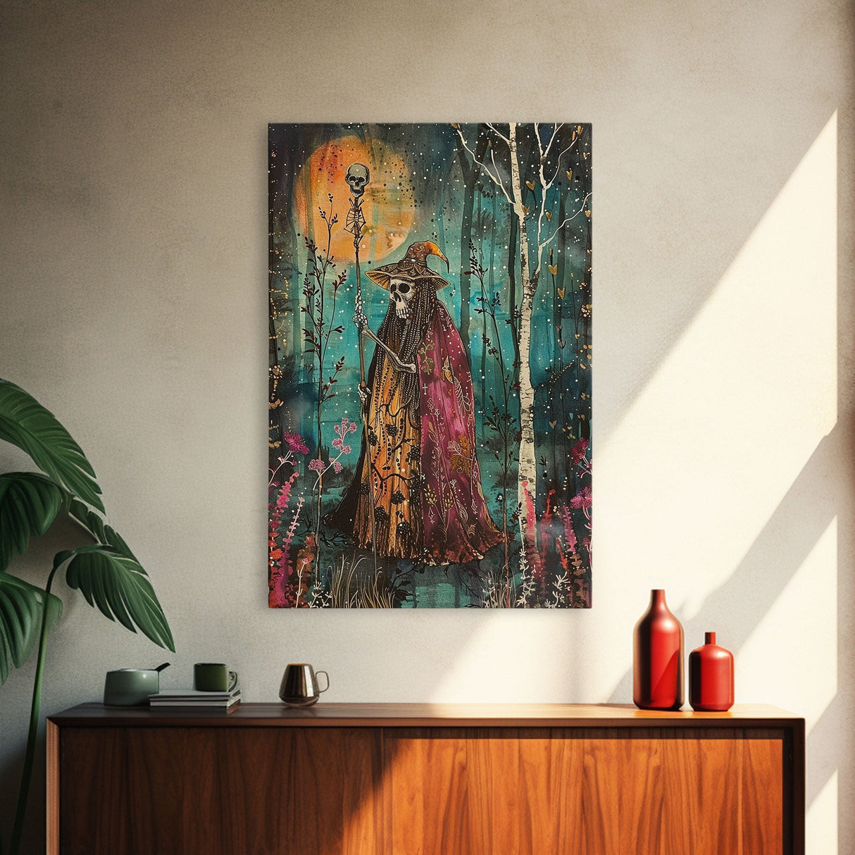 Halloween Skeleton with Spider Webs, Framed Canvas Print, Wall Art, Spooky Decor, Halloween Decoration, Living Room Art, Unique Gift