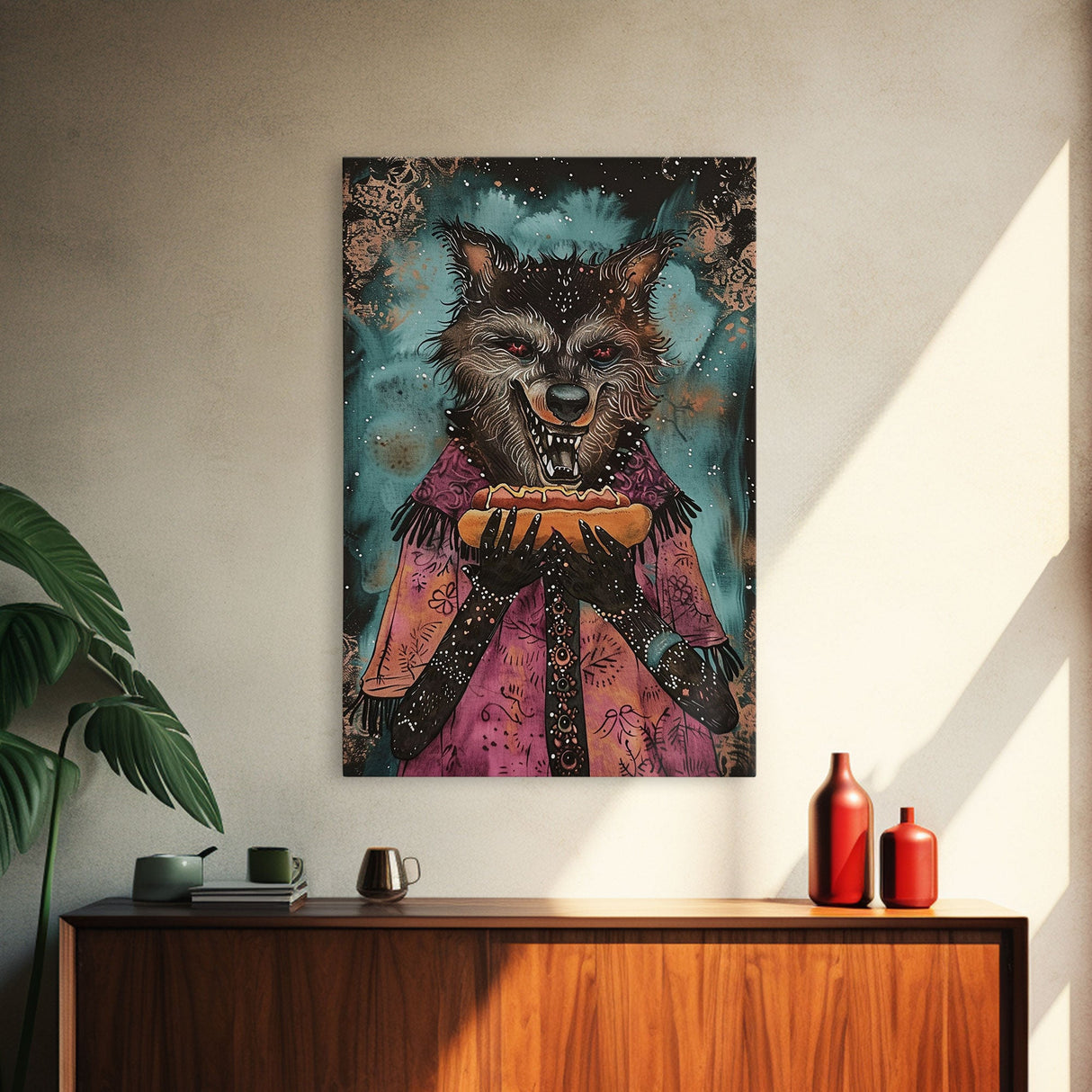 Halloween Werewolf with Hotdog, Framed Canvas Print, Wall Art, Home Decor, Spooky Artwork, Monster Decor, Halloween Decor, Funny Halloween