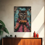 Halloween Werewolf with Hotdog, Framed Canvas Print, Wall Art, Home Decor, Spooky Artwork, Monster Decor, Halloween Decor, Funny Halloween