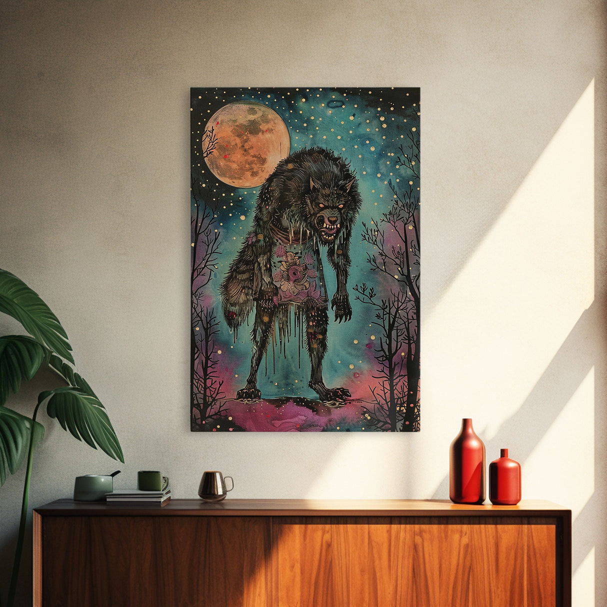 Halloween Spooky Full Moon Werewolf Framed Canvas Print, Wall Art, Living Room Decor, Halloween Decoration, Scary Wall Hanging, Haunted Art
