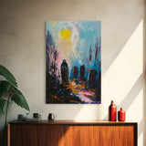 Creepy Haunted Cemetary Framed Canvas Print Halloween Art, Impasto Style Spooky Season Decor