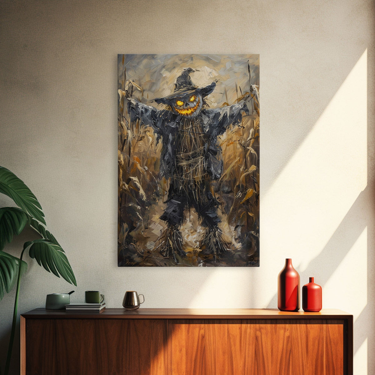 Sinister Scarecrow in Cornfield Framed Canvas Print | Halloween Horror Art | Spooky Farm Art | Creepy Scarecrow Art for Home Decoration